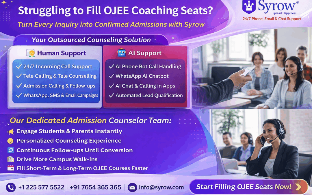 Banner promoting Syrow’s AI and human support services for OJEE coaching centers, highlighting 24/7 call support, tele counseling, WhatsApp chatbot, automated lead qualification, and admission follow-ups to increase student enrollments.