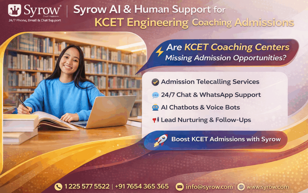 Banner promoting Syrow AI & Human Support for KCET Engineering Coaching Center Admissions, featuring a student studying in a library with services like admission telecalling, 24/7 chat and WhatsApp support, AI chatbots and voice bots, and lead nurturing to boost KCET coaching admissions.