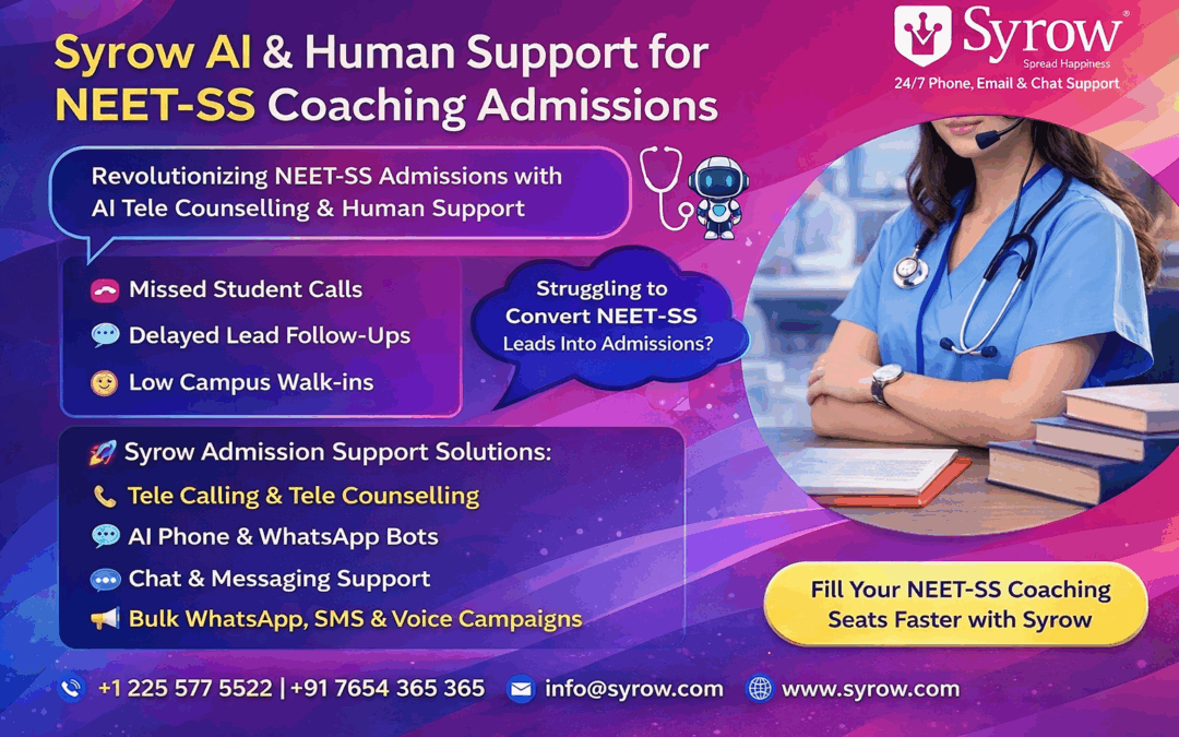 Modern promotional banner showing AI and human customer support for NEET-SS coaching admissions by Syrow, featuring a medical professional with headset, AI bot illustration, admission support services like tele calling, AI bots, chat support, and WhatsApp campaigns on a vibrant purple gradient background.