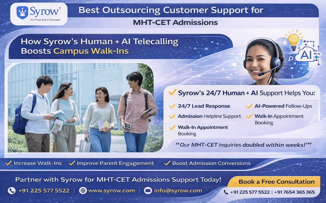 Promotional banner for Syrow highlighting best outsourcing customer support for MHT-CET admissions, showing students on campus and a telecalling agent with headset, explaining how 24/7 Human + AI telecalling support helps educational institutes increase campus walk-ins, provide admission helpline support, enable AI-powered follow-ups, and boost admission conversions.
