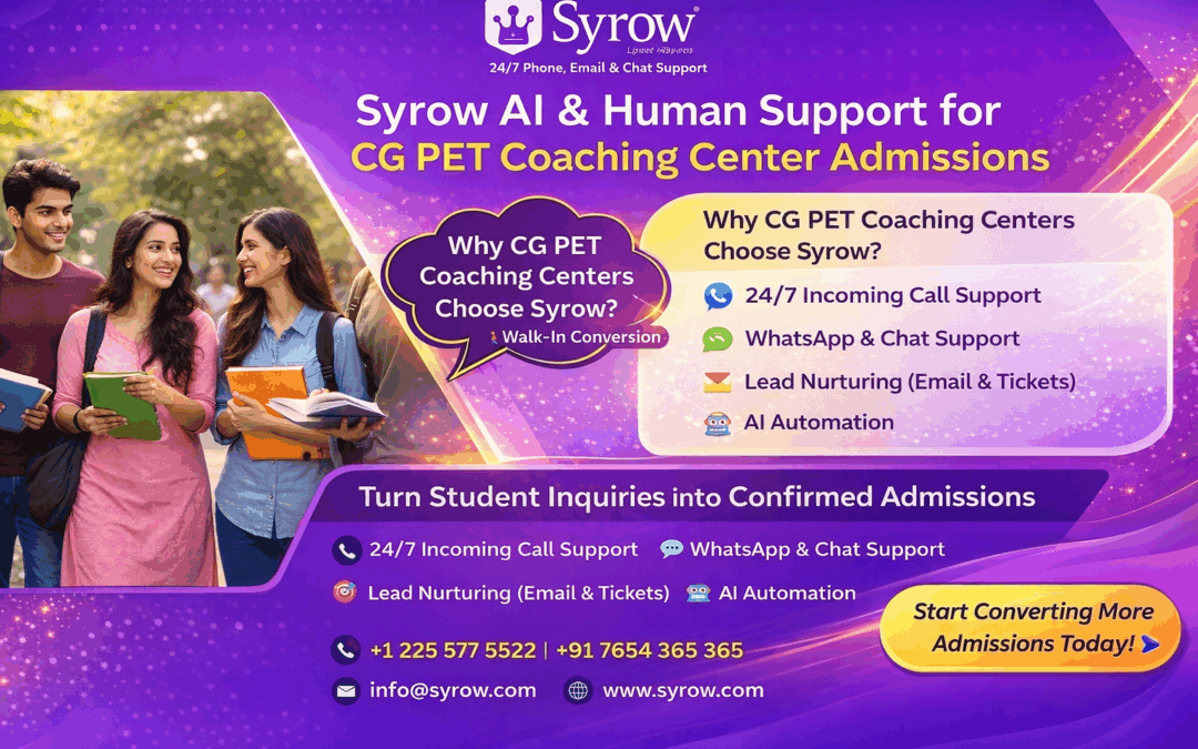 Indian students holding books and smiling while discussing on a campus, featured in a promotional banner for Syrow AI & Human Support for CG PET coaching center admissions, highlighting 24/7 call support, WhatsApp chat, lead nurturing, and AI automation with a call-to-action to boost student admissions.