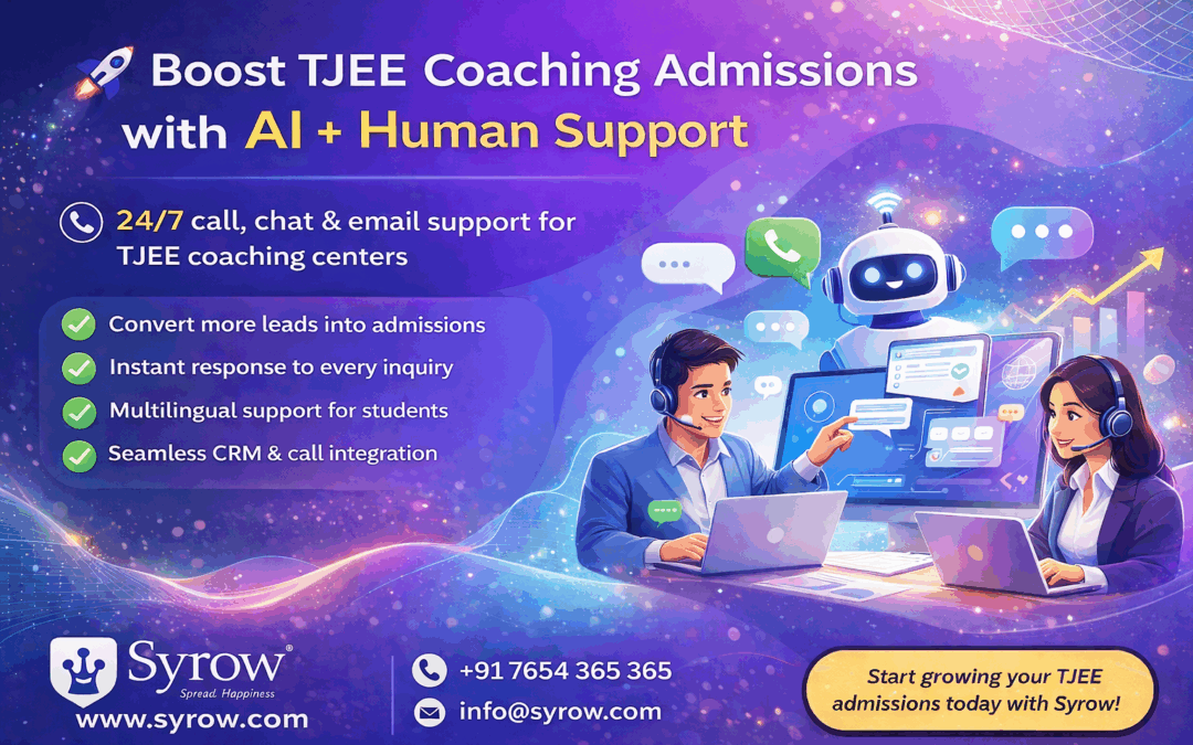 Promotional banner for Syrow showing “Boost TJEE Coaching Admissions with AI + Human Support,” featuring a chatbot, two support agents, and highlights like 24/7 call, chat, email support, lead conversion, multilingual support, and CRM integration, along with Syrow logo and contact details.