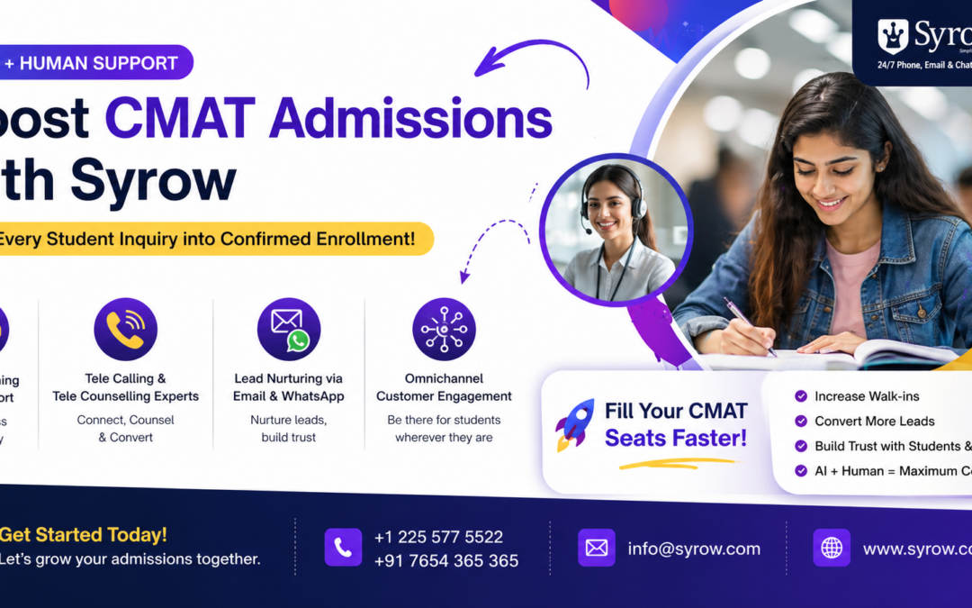 Promotional banner for Syrow showcasing AI and human support to boost CMAT coaching center admissions. The design features a student studying, a customer support executive with headset, and service highlights such as 24/7 incoming call support, tele calling, tele counselling, lead nurturing via email and WhatsApp, and omnichannel engagement. Text emphasizes filling CMAT seats faster, increasing walk-ins, converting leads, and building trust with students and parents.