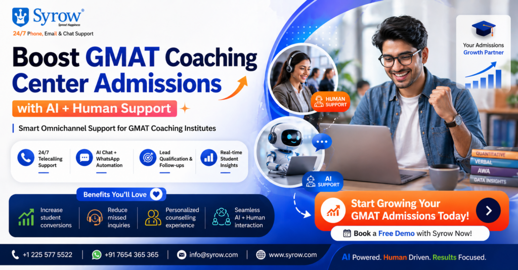 Syrow AI & Human Support for GMAT Coaching Center Admissions | Best Outsourcing Customer Support
