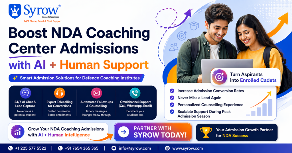 Syrow AI & Human Support for NDA Coaching Center Admissions | Best Outsourcing Customer Support