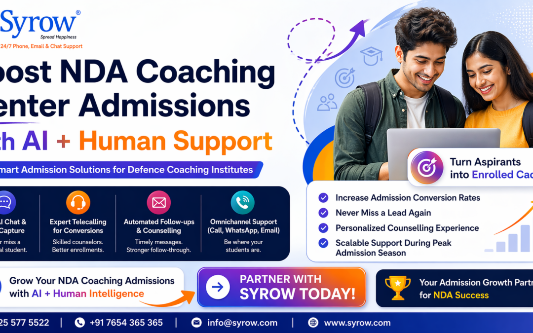Promotional banner by Syrow for boosting NDA coaching center admissions using AI and human support, featuring two students using a laptop, highlighting services like 24/7 AI chat, telecalling, automated follow-ups, and omnichannel support to increase admission conversions and turn aspirants into enrolled cadets.