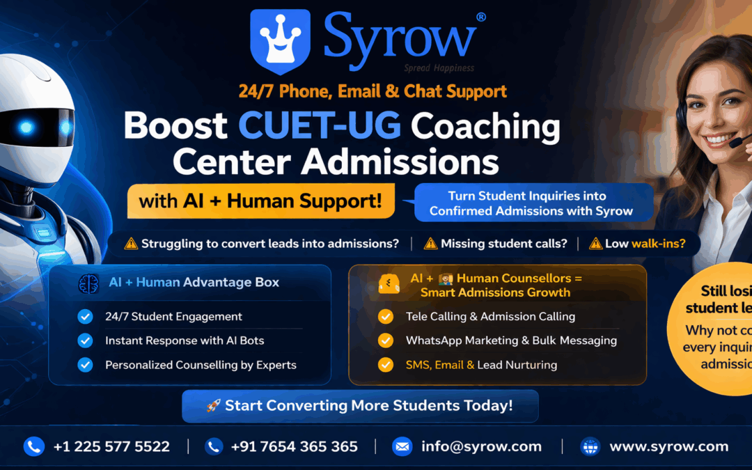 Banner showing Syrow AI and human support for CUET-UG coaching center admissions, featuring a robot and a customer support executive with headset, highlighting 24/7 phone, email, and chat support, tele calling, WhatsApp marketing, and AI-powered counselling to boost student admissions and increase walk-ins.
