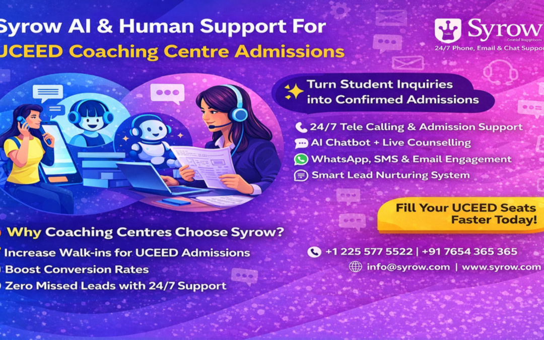 Syrow AI & Human Support for UCEED coaching centre admissions with telecalling, AI chatbot, and lead nurturing services