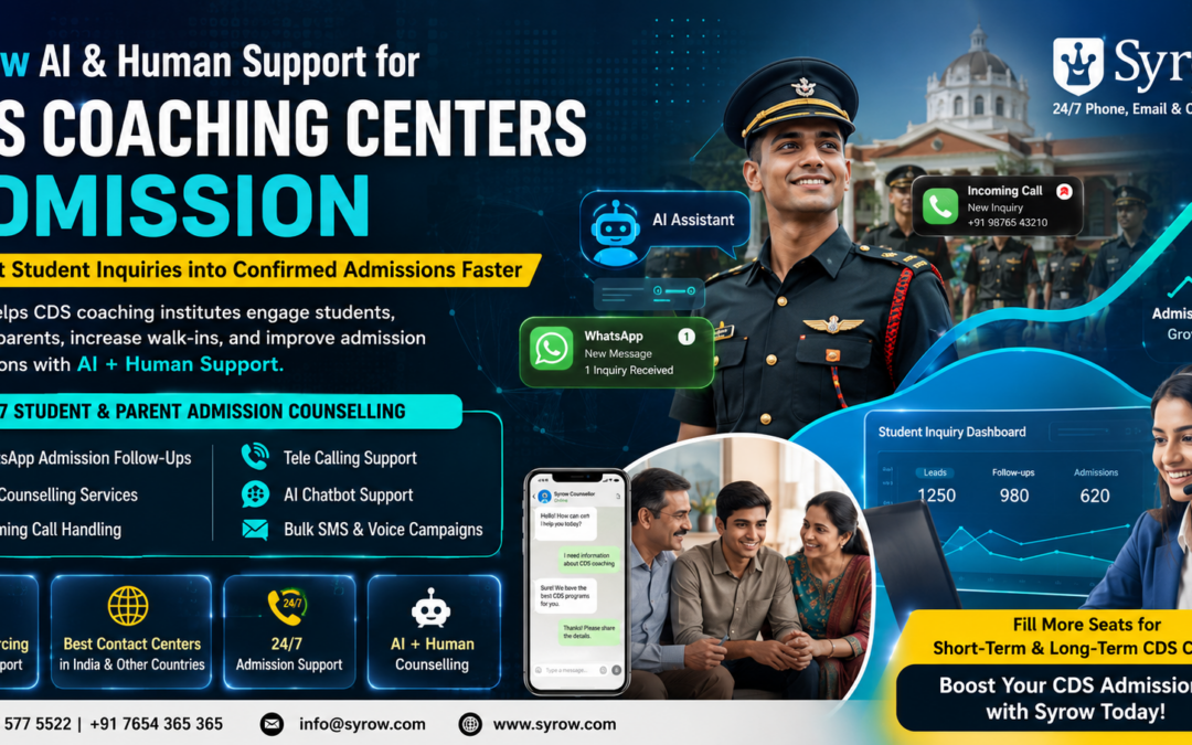 Syrow AI & Human Support for CDS Coaching Centers Admissions poster featuring AI chatbot assistance, tele calling support, WhatsApp admission follow-ups, student and parent counselling, defence coaching visuals, customer support executive, CRM dashboard, and rising admission growth graphics to promote CDS coaching admission conversion services.