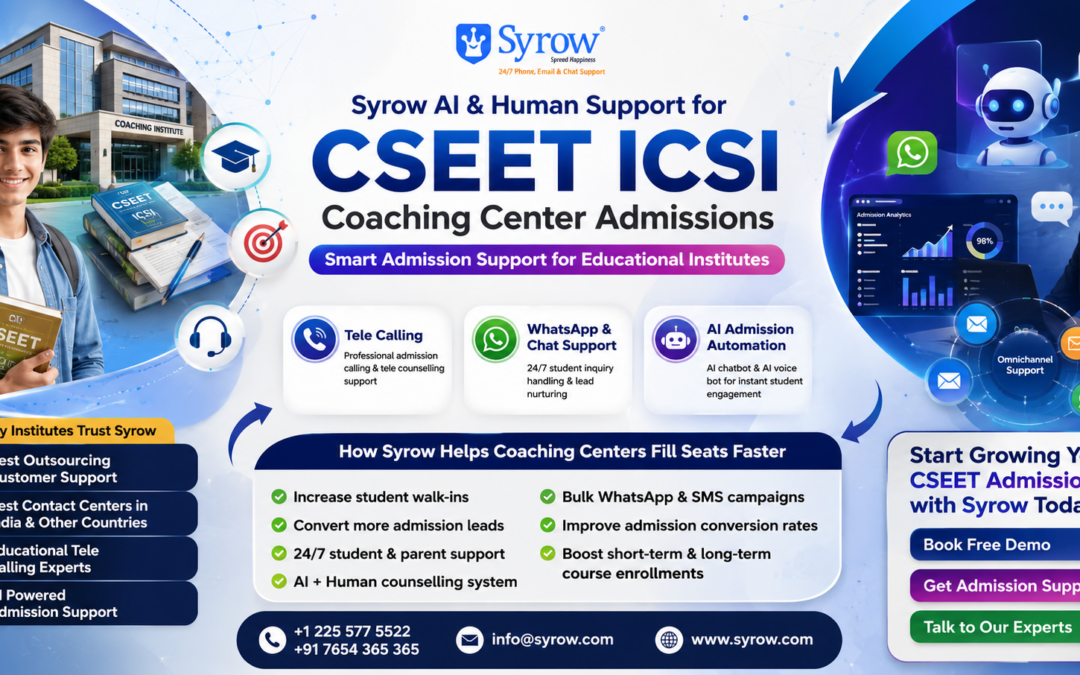 Promotional banner for Syrow AI & Human Support for CSEET ICSI Coaching Center Admissions featuring a student holding CSEET books, AI chatbot support, telecalling services, WhatsApp chat support, AI admission automation, omnichannel communication, and coaching institute admission assistance solutions for educational institutes.