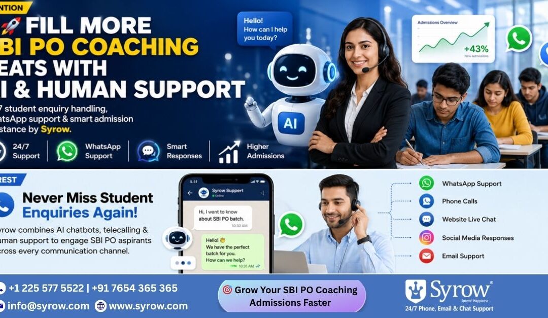 SBI PO Coaching admissions poster by Syrow featuring AI & human support services, 24/7 student enquiry handling, WhatsApp support, telecalling assistance, smart admission responses, and omnichannel customer support to help coaching institutes fill more SBI PO coaching seats faster.