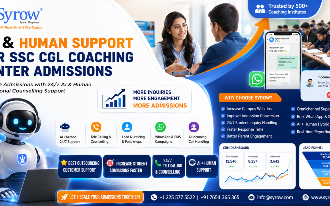 Syrow AI & Human Support for SSC CGL Coaching Center Admissions banner featuring AI chatbot assistant, educational counsellor, SSC CGL classroom students, WhatsApp support, telecalling services, CRM dashboard, lead funnel analytics, and admission growth visuals designed to increase SSC CGL coaching center admissions with AI and human educational counselling support.
