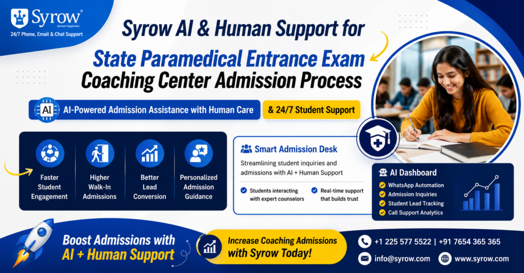 Syrow AI & Human Support for State Paramedical Coaching Center Admissions