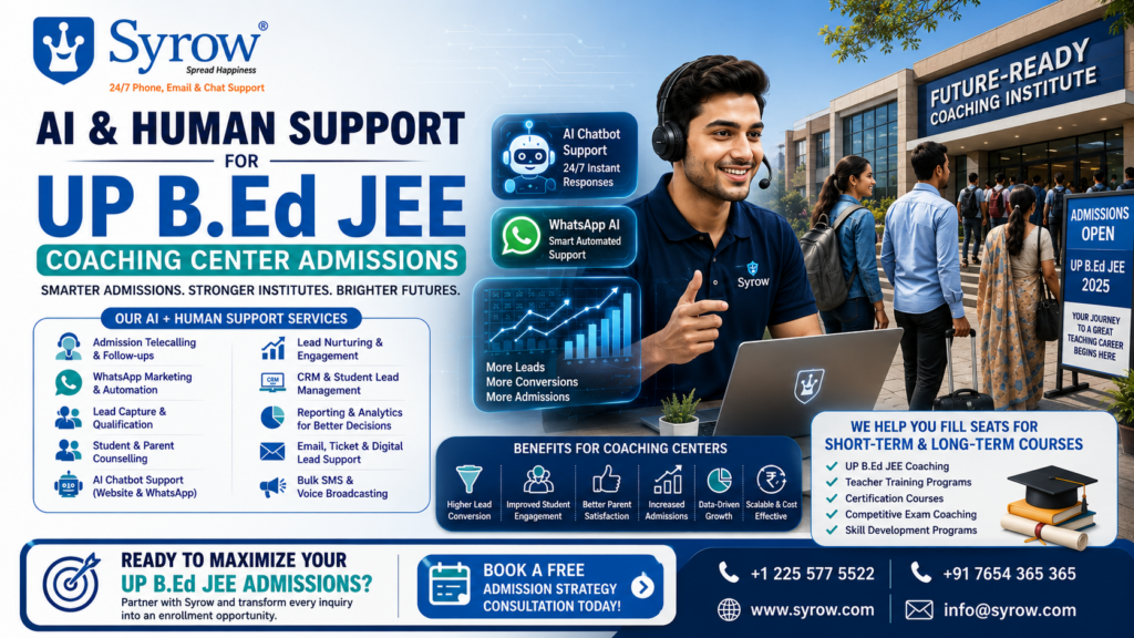 Syrow AI & Human Support for UP B.Ed JEE Coaching Center Admissions