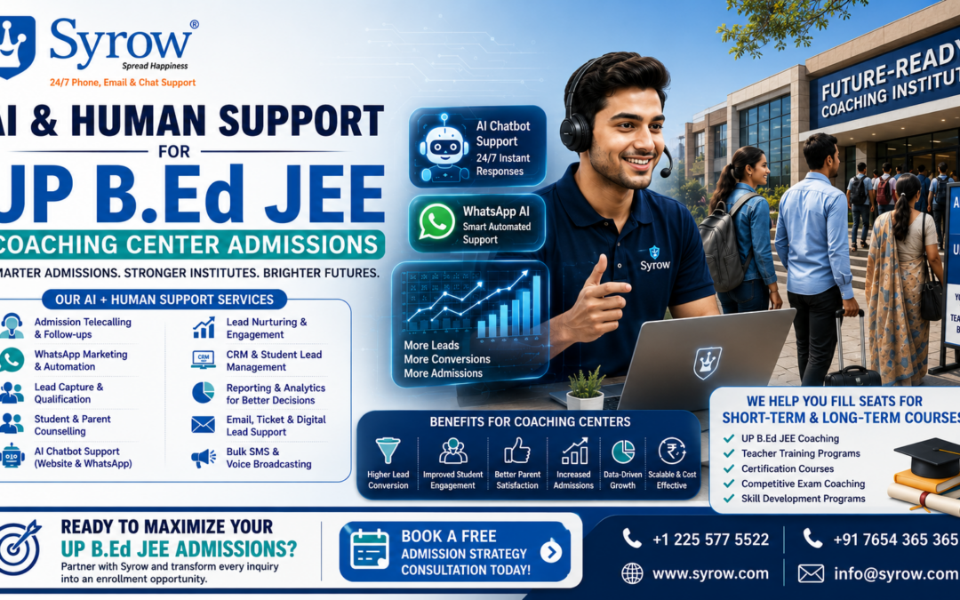 "Syrow AI & Human Support for UP B.Ed JEE Coaching Center Admissions showcasing AI chatbots, WhatsApp automation, admission telecalling, student lead nurturing, parent counselling, and 24/7 human support solutions designed to help coaching institutes increase campus walk-ins, improve admission conversions, and fill seats for UP B.Ed JEE and other educational programs."