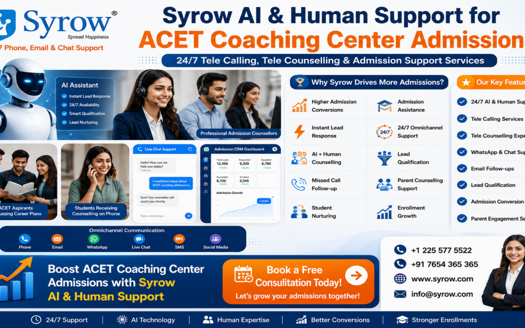 Syrow AI & Human Support for Actuarial Common Entrance Test (ACET) Coaching Center Admissions featuring AI-powered tele calling, tele counselling, admission support services, student lead nurturing, parent engagement, WhatsApp support, live chat assistance, CRM-based lead management, and 24/7 omnichannel communication to help ACET coaching centers increase admissions, improve lead conversion rates, and achieve stronger student enrollments.
