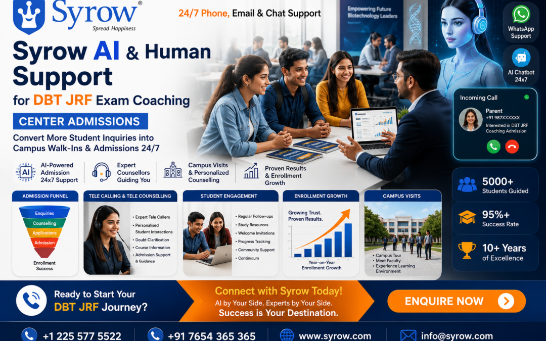 Syrow AI & Human Support for DBT JRF Coaching Center Admissions poster showcasing 24/7 educational counselling, AI-powered admission support, tele calling services, student engagement, campus visits, enrollment growth, WhatsApp support, and expert counsellors helping biotechnology aspirants increase DBT JRF coaching enrollments and admissions.