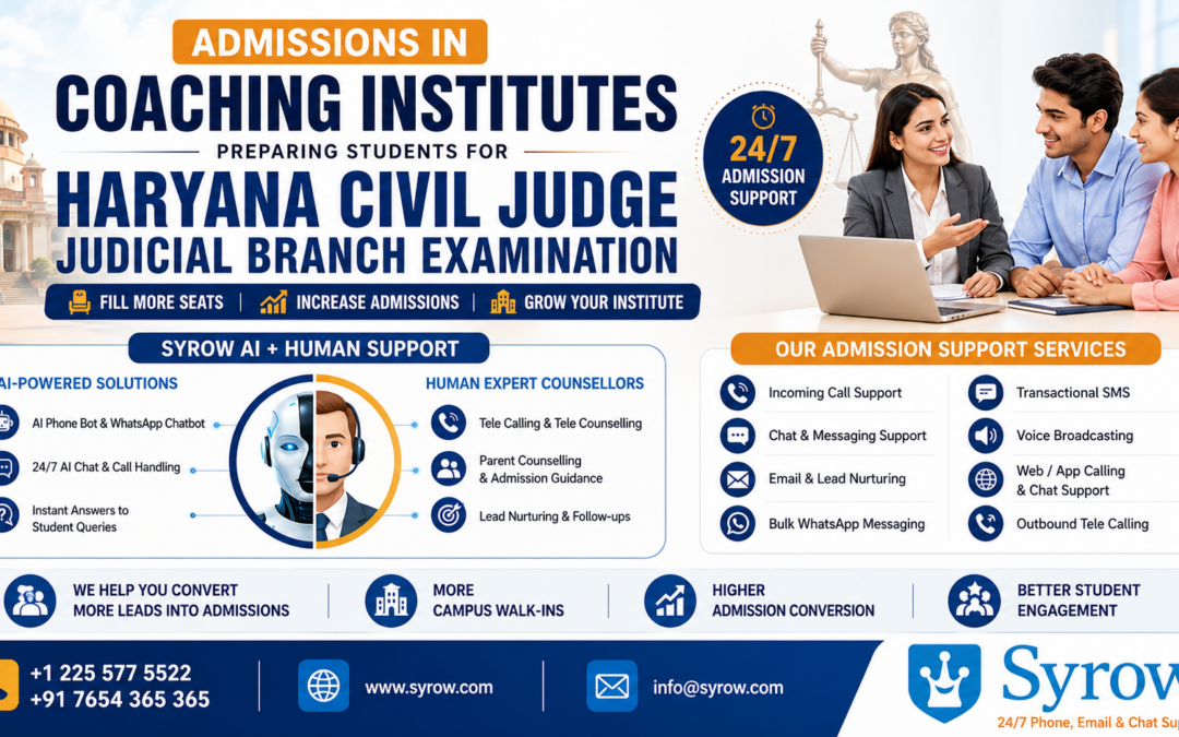 Admissions in Coaching Institutes Preparing Students for Haryana Civil Judge Judicial Branch Examination poster featuring Syrow AI and Human Support services. The banner shows a professional admission counsellor guiding prospective students, alongside AI-powered solutions such as AI phone bots, WhatsApp chatbots, and 24/7 admission support. The design highlights tele calling, tele counselling, parent counselling, lead nurturing, incoming call support, chat and messaging support, bulk WhatsApp messaging, SMS services, and outbound tele calling. Judicial-themed visuals including a courthouse and Lady Justice emphasize Haryana Civil Judge Judicial Branch Examination preparation. The poster promotes increased admissions, higher admission conversions, more campus walk-ins, and better student engagement for coaching institutes seeking to fill more seats and grow enrollments.