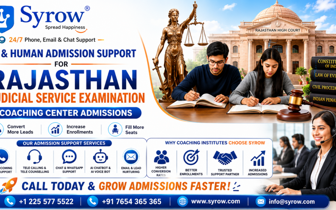 Syrow AI & Human Support for Rajasthan Judicial Service Examination Coaching Center Admissions banner featuring Rajasthan High Court, Lady Justice statue, judicial service aspirants studying, legal reference books, professional admission counsellor, AI chatbot, AI voice bot, tele calling, tele counselling, WhatsApp support, email lead nurturing, and 24/7 admission support services designed to help Rajasthan Judicial Service Examination coaching centers increase student enrollments, convert more leads, and fill more seats.