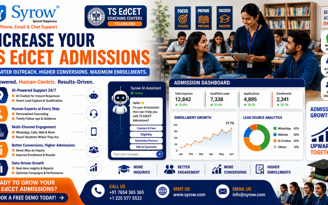 Syrow AI and Human Support solution for TS EdCET Admissions in Telangana, featuring AI chatbot assistance, expert counselors, WhatsApp support, lead qualification, admission dashboard analytics, student engagement, enrollment growth tracking, and 24/7 admission support to help coaching centers increase inquiries, conversions, and enrollments.