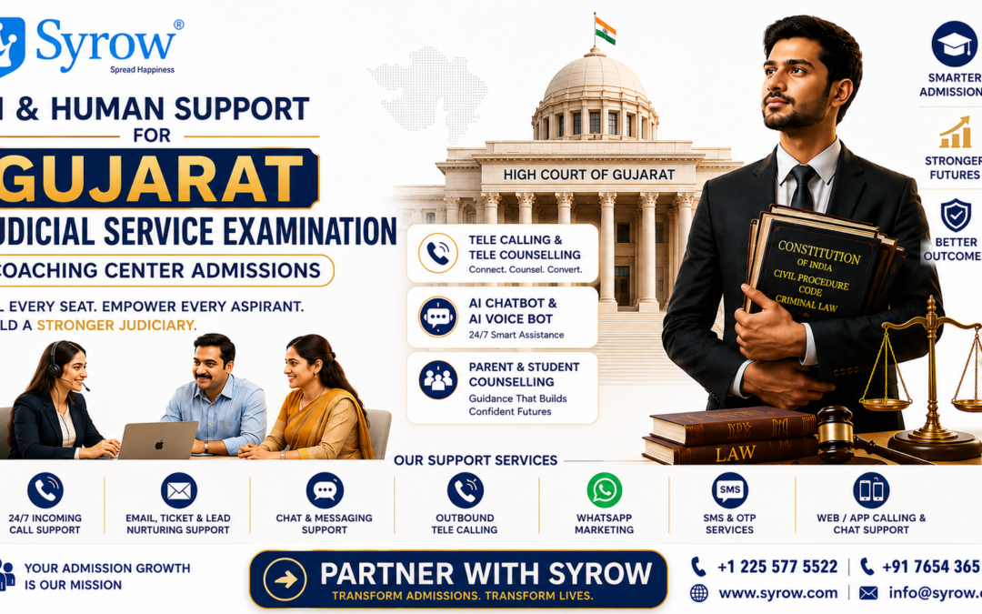 Syrow AI & Human Support for Gujarat Judicial Service Examination Coaching Center Admissions promotional banner featuring admission calling, tele counselling, AI chatbot and AI voice bot support, parent and student counselling, WhatsApp marketing, SMS services, inbound and outbound calling support, and lead nurturing solutions. The image showcases Gujarat judiciary aspirants, the High Court of Gujarat, legal study materials, and admission counsellors helping coaching centers increase enrollments, fill every seat, and drive student admissions for Gujarat Judicial Service Examination coaching programs.