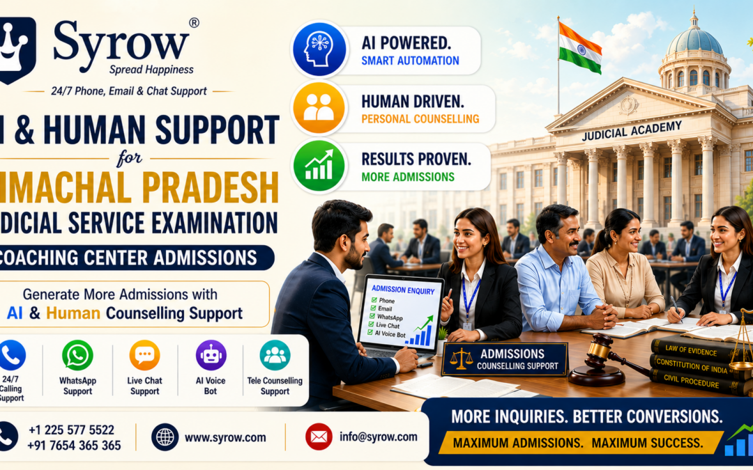 Promotional banner for Himachal Pradesh Judicial Service Examination Coaching Center Admissions featuring Syrow AI & Human Support. The image highlights AI-powered automation, human-driven counselling, tele counselling, WhatsApp support, live chat support, AI voice bots, and 24/7 calling assistance. Admission counsellors are shown guiding prospective students in front of a judicial academy building, emphasizing increased admissions, lead nurturing, student engagement, and coaching center admission growth through AI and human support services.