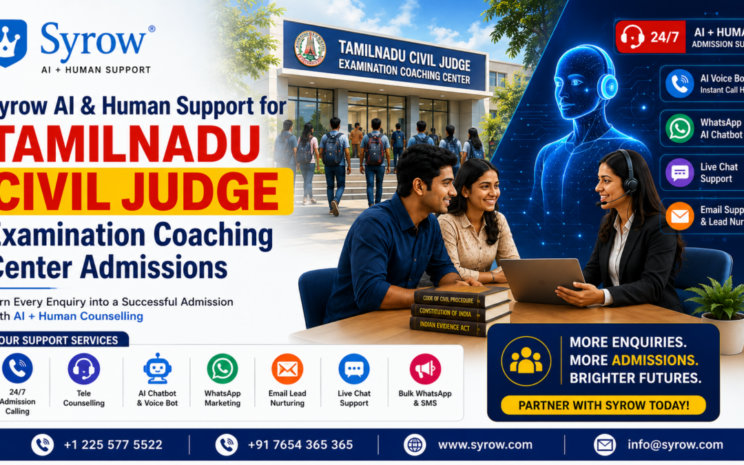 "Syrow AI & Human Support for Tamil Nadu Civil Judge Coaching Admissions featuring 24/7 admission assistance, AI voice bot, WhatsApp chatbot, live chat, tele counselling, email lead nurturing, and expert human support to help Tamil Nadu Civil Judge aspirants enroll in examination coaching centers."