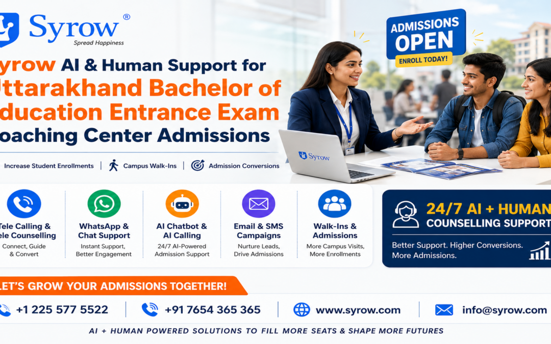 Uttarakhand Bachelor of Education Entrance Exam Coaching Center Admissions poster featuring Syrow AI & Human Support services. The banner highlights telecalling, WhatsApp support, AI chatbot and calling, email and SMS campaigns, walk-in admissions support, and 24/7 AI + human counselling to increase student enrollments, campus walk-ins, and admission conversions for Uttarakhand B.Ed entrance exam coaching centers.