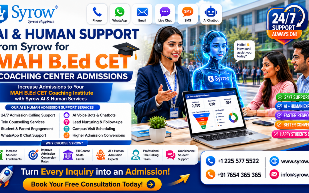 AI & Human Support from Syrow for MAH B.Ed CET Coaching Center Admissions poster featuring an educational counsellor, AI admission assistant, tele counselling services, admission calling support, student and parent engagement, AI chatbots, lead nurturing, campus visit scheduling, and higher admission conversions for MAH B.Ed CET coaching institutes.