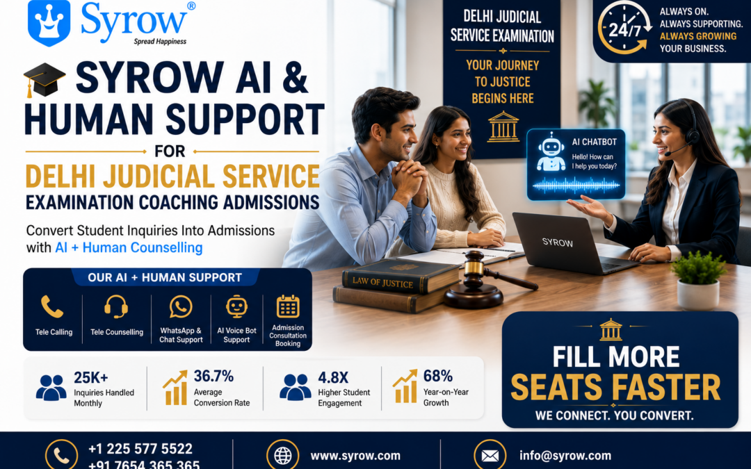 Syrow AI & Human Support for Delhi Judicial Service Examination Coaching Admissions poster featuring a professional admission counsellor assisting prospective students in a modern office setting. The banner highlights AI chatbot support, tele calling, tele counselling, WhatsApp chat support, AI voice bot support, and admission consultation booking services. Visual elements include judicial symbols such as a gavel and law books, emphasizing Delhi Judicial Service Examination preparation. The design promotes increased admissions, higher student engagement, improved conversion rates, and faster seat filling with Syrow's AI and human-powered admission support solutions. Contact details, website information, and a call-to-action encourage coaching institutes to boost enrollments and convert student inquiries into admissions.
