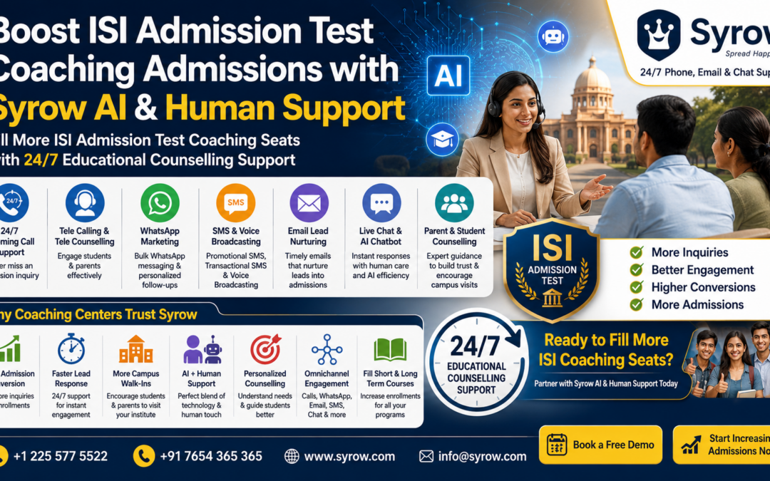 Promotional banner for “Syrow AI & Human Support for ISI Admission Test Coaching Center Admissions” featuring 24/7 educational counselling support, AI-powered admission assistance, tele calling, WhatsApp marketing, SMS broadcasting, email lead nurturing, live chat AI chatbot, and parent-student counselling services. The image includes Syrow branding, admission counsellors interacting with students and parents, ISI Admission Test coaching promotion, and highlights benefits like higher conversions, more admissions, better engagement, and increased student inquiries.