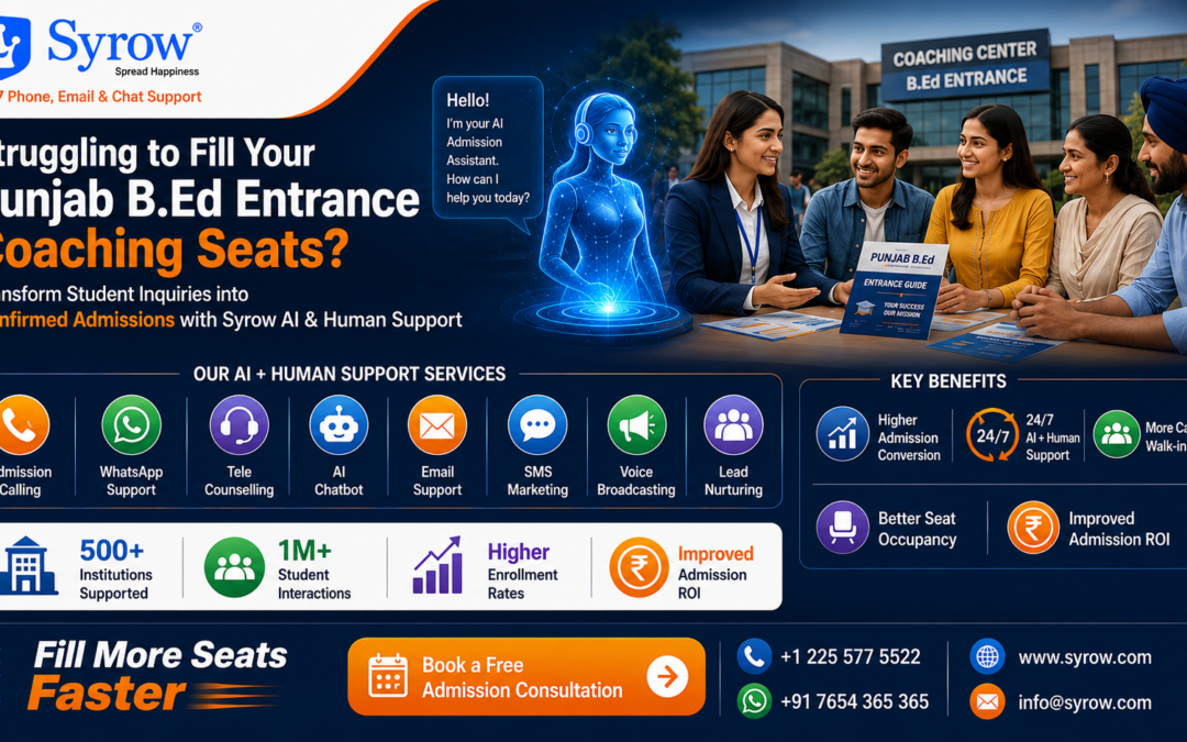 Syrow AI & Human Support for Punjab Bachelor of Education Entrance Test Coaching Center Admissions poster showcasing AI-powered admission assistance, tele counselling, admission calling, WhatsApp support, AI chatbot services, lead nurturing, and student enrollment solutions to increase coaching center admissions and seat occupancy.
