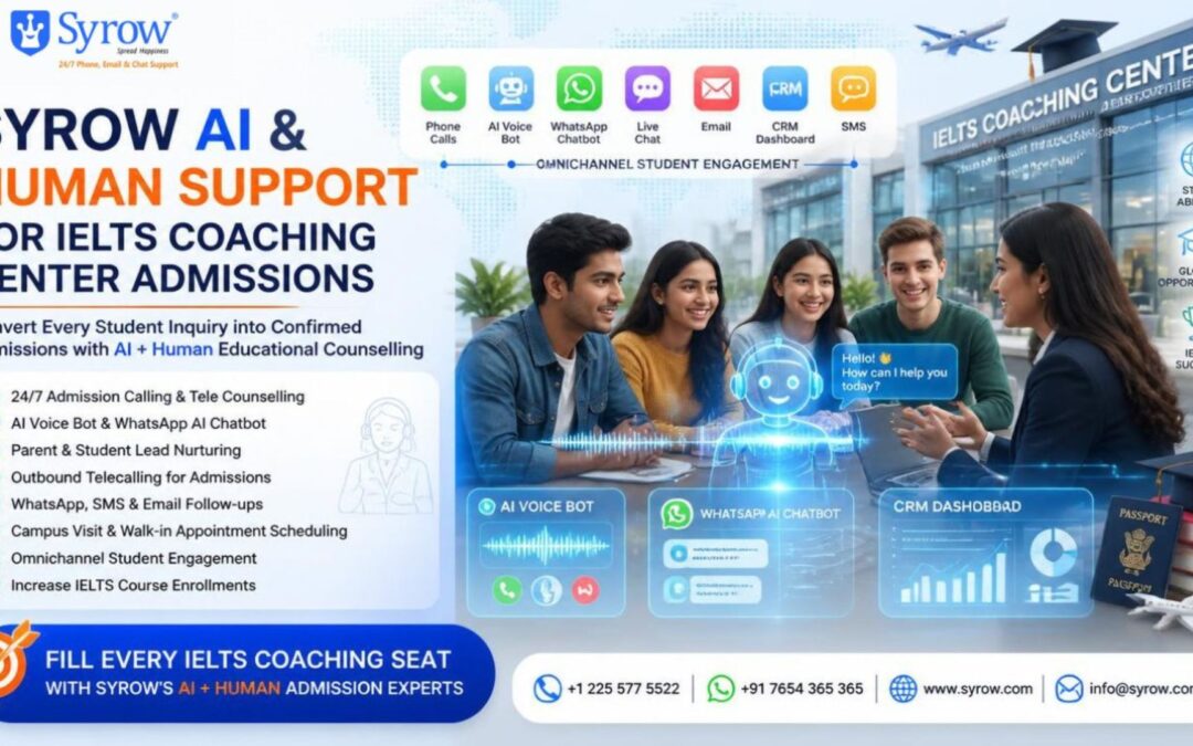 "Syrow's AI & Human Support for IELTS Coaching Center Admissions showcasing AI voice bot, WhatsApp chatbot, live chat, CRM dashboard, telecalling, student counselling, omnichannel engagement, and admission automation to increase IELTS course enrollments."