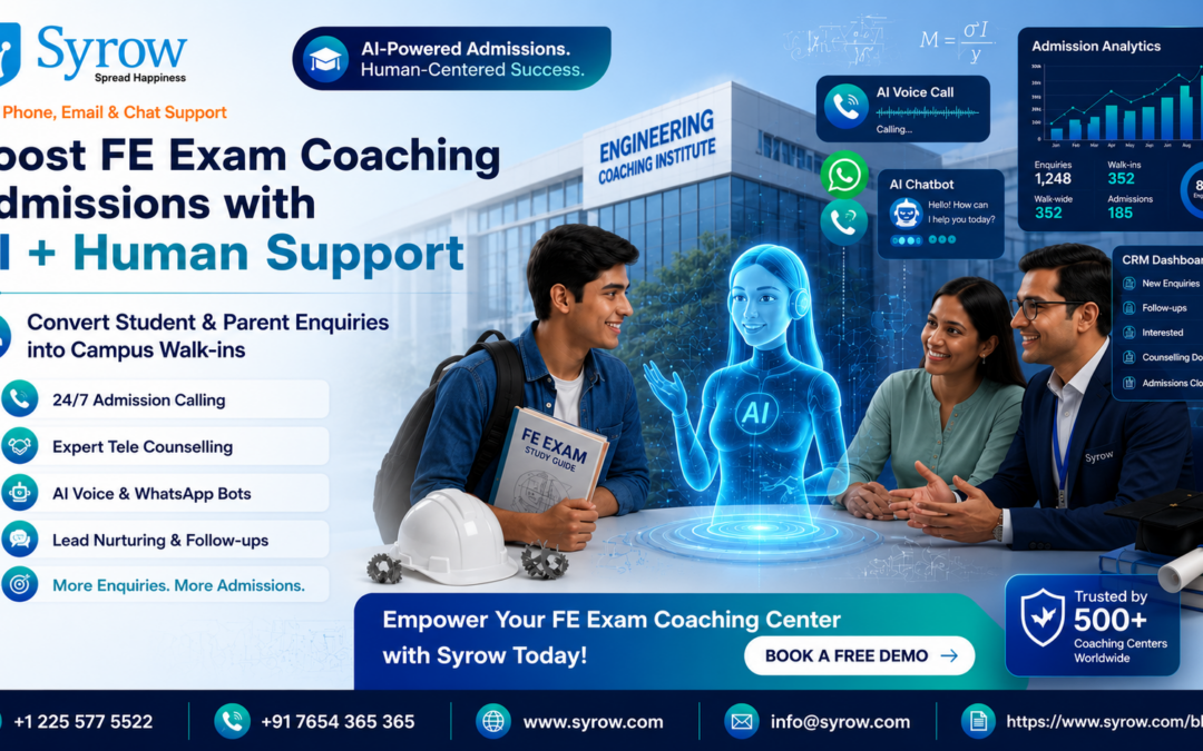 "Promotional banner showcasing AI & Human Support for FE Exam Coaching Center Admissions by Syrow. The image features AI-powered admission counselling, tele counselling, AI voice and WhatsApp bots, lead nurturing, student and parent enquiry management, admission analytics, CRM dashboard, and engineering coaching center admissions to increase campus walk-ins and enrollments."