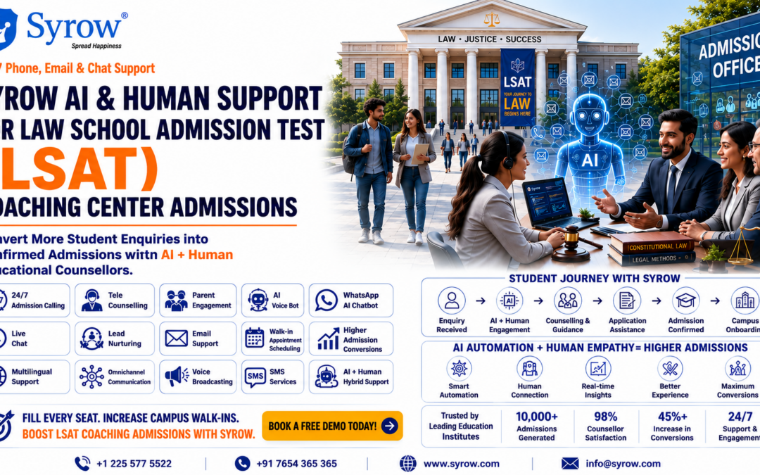 "LSAT Coaching Center Admissions with AI Support by Syrow showcasing AI-powered and human-assisted admission services for law school coaching centers. The image features 24/7 admission calling, tele counselling, WhatsApp AI chatbot, live chat, AI voice bot, lead nurturing, multilingual support, application assistance, and an AI-driven student journey to help coaching centers increase enrollments, improve engagement, and maximize LSAT admissions."