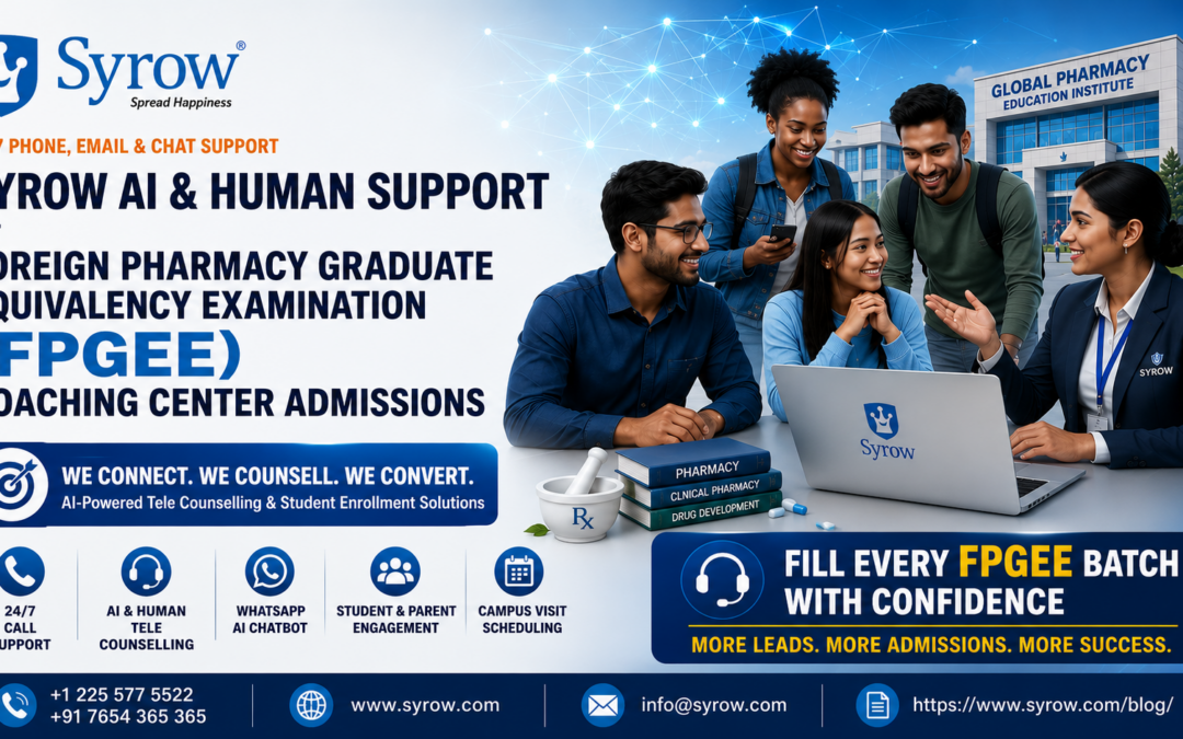 Syrow AI & Human Support for Foreign Pharmacy Graduate Equivalency Examination (FPGEE) Coaching Center Admissions banner showcasing AI-powered tele counselling, 24/7 call support, WhatsApp AI chatbot, student and parent engagement, campus visit scheduling, and expert admission support to help FPGEE coaching institutes increase student enrollments and fill every batch successfully.