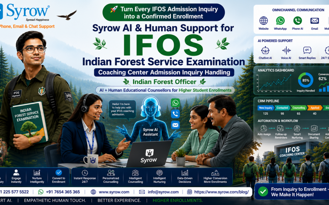"Syrow AI & Human Support for IFoS Coaching Center Admission Inquiry Handling featuring AI-powered admission counseling, educational counselors, omnichannel communication, WhatsApp support, voice AI, telecalling, lead nurturing, and student enrollment solutions for Indian Forest Service Examination coaching institutes."