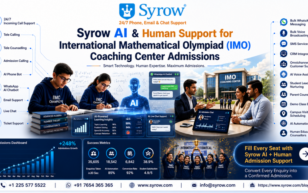 "Syrow AI & Human Support for International Mathematical Olympiad (IMO) Coaching Center Admissions featuring AI-powered admission counselling, tele calling, WhatsApp AI chatbot, educational counsellors, student lead nurturing, and omnichannel support to help coaching institutes increase enrollments and fill every batch."