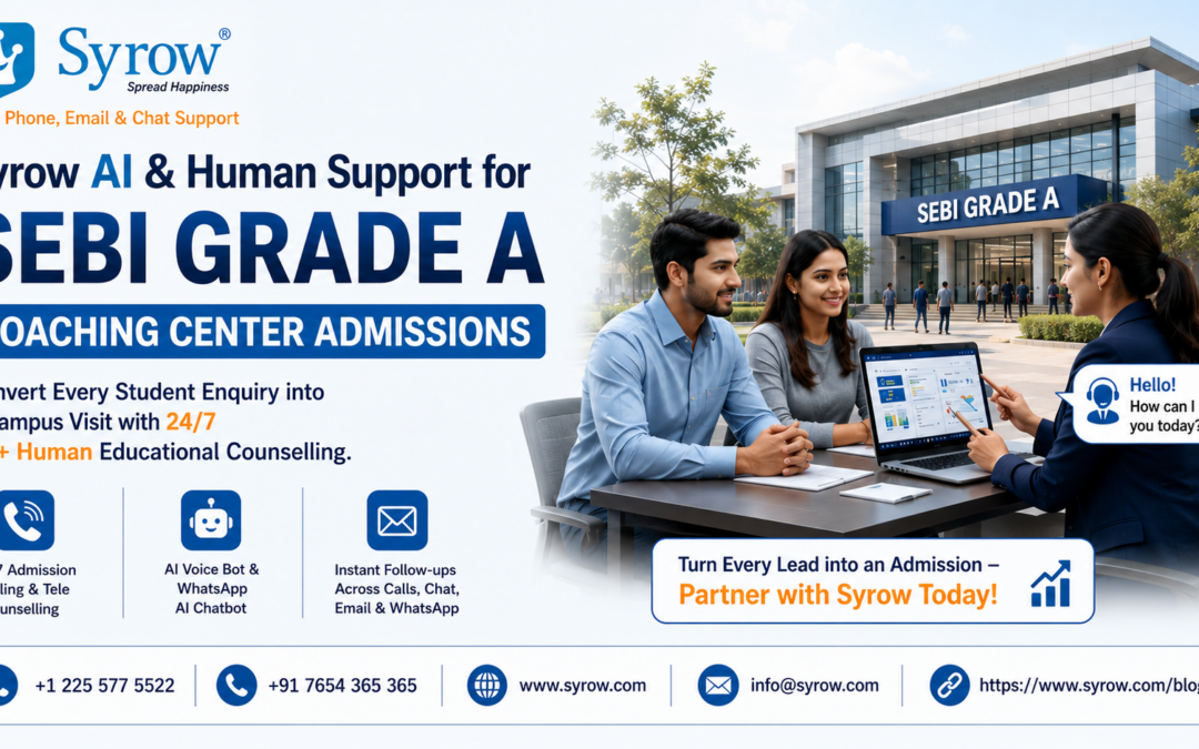 Syrow AI & Human Support for SEBI Grade A Coaching Center Admissions, featuring 24/7 admission calling, tele counselling, AI voice bot, WhatsApp AI chatbot, and instant follow-up support.