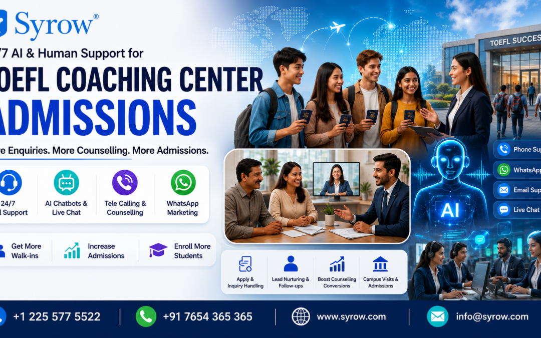 Option 1 (Recommended) "Syrow AI & Human Support for TOEFL Coaching Center Admissions helping institutes increase student enquiries, automate counselling, manage follow-ups, and boost admissions with 24/7 AI chatbots, live chat, telecalling, WhatsApp, and email support."