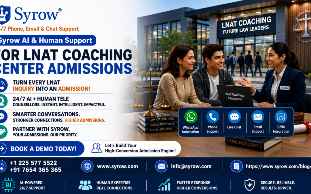 "Syrow AI & Human Support for LNAT Coaching Center Admissions showcasing 24/7 AI-powered and human admission counselling, phone support, live chat, WhatsApp automation, email support, and CRM integration to help LNAT coaching institutes convert student inquiries into successful admissions and increase enrollment."