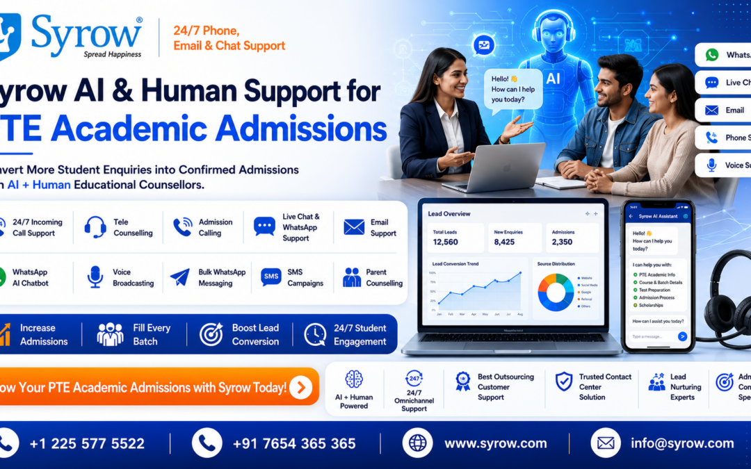 "Syrow AI & Human Support for PTE Academic Coaching Center Admissions showcasing AI-powered admission assistance, educational counsellors, WhatsApp chatbot, live chat, telecalling, email support, CRM dashboard, omnichannel customer support, and lead conversion solutions to increase PTE Academic student enrollments."