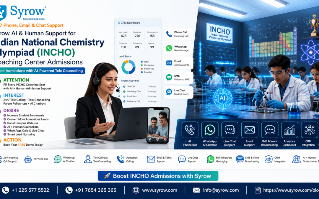 "Syrow AI & Human Support for Indian National Chemistry Olympiad (INChO) Coaching Center Admissions featuring 24/7 AI and human-powered admission support, tele counselling, admission calling, AI phone bot, WhatsApp AI chatbot, live chat, email support, CRM integration, and omnichannel communication to increase INChO coaching center admissions and student enrollments."