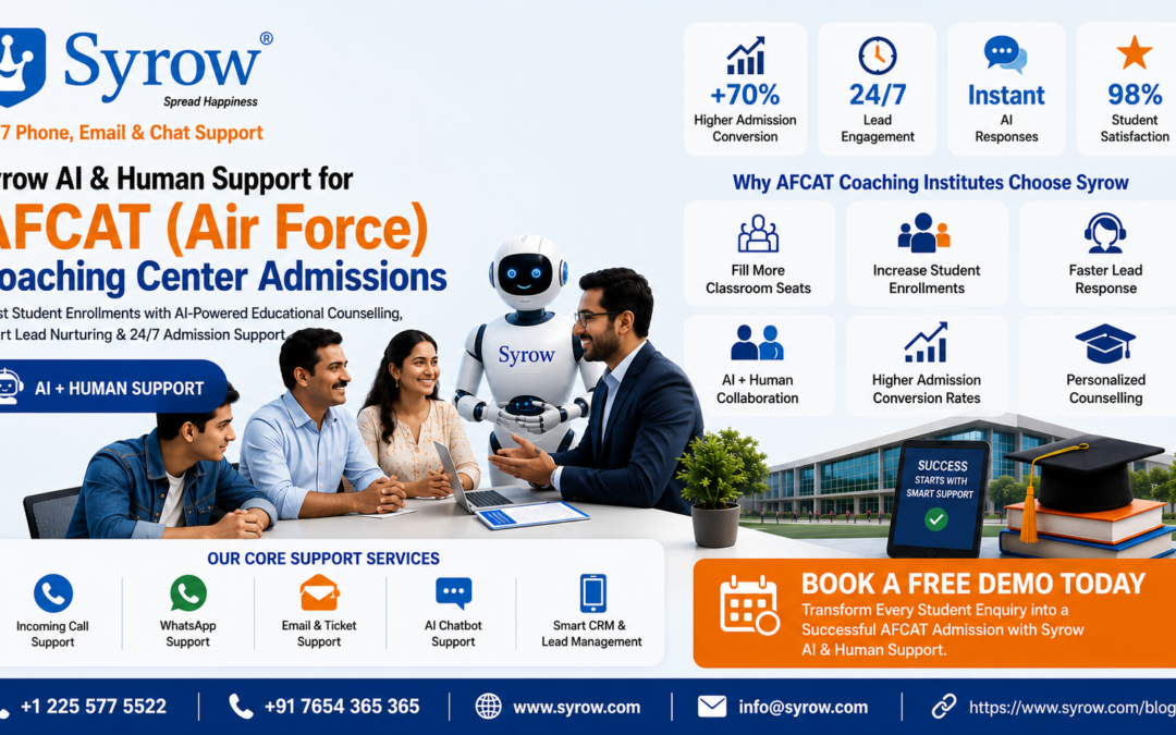 AFCAT Coaching Center Admissions with Syrow AI & Human Support, featuring AI-powered educational counselling, 24/7 admission support, lead engagement, AI chatbot support, WhatsApp support, and smart CRM for student enrollments.