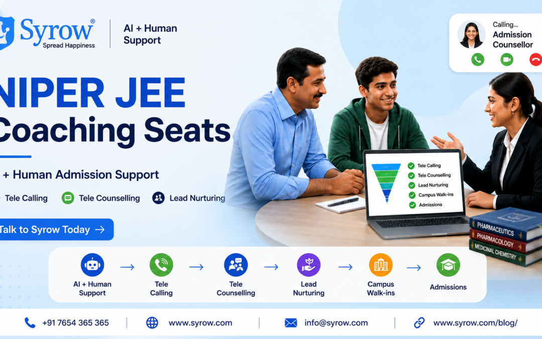 NIPER JEE Coaching support by Syrow, featuring AI + human admission support, tele calling, tele counselling, lead nurturing, campus walk-ins, and admissions assistance.