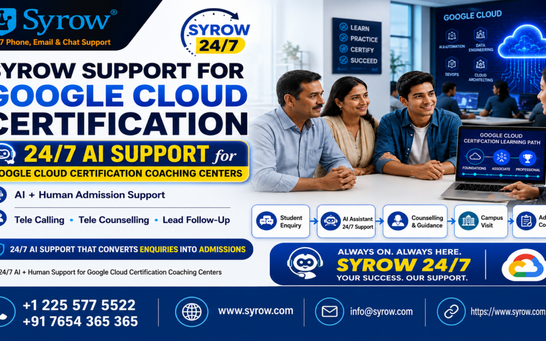 Syrow AI & Human Support for Google Cloud Certification Coaching Center Admissions, featuring 24/7 AI support, tele calling, tele counselling, lead follow-up, and admission support.