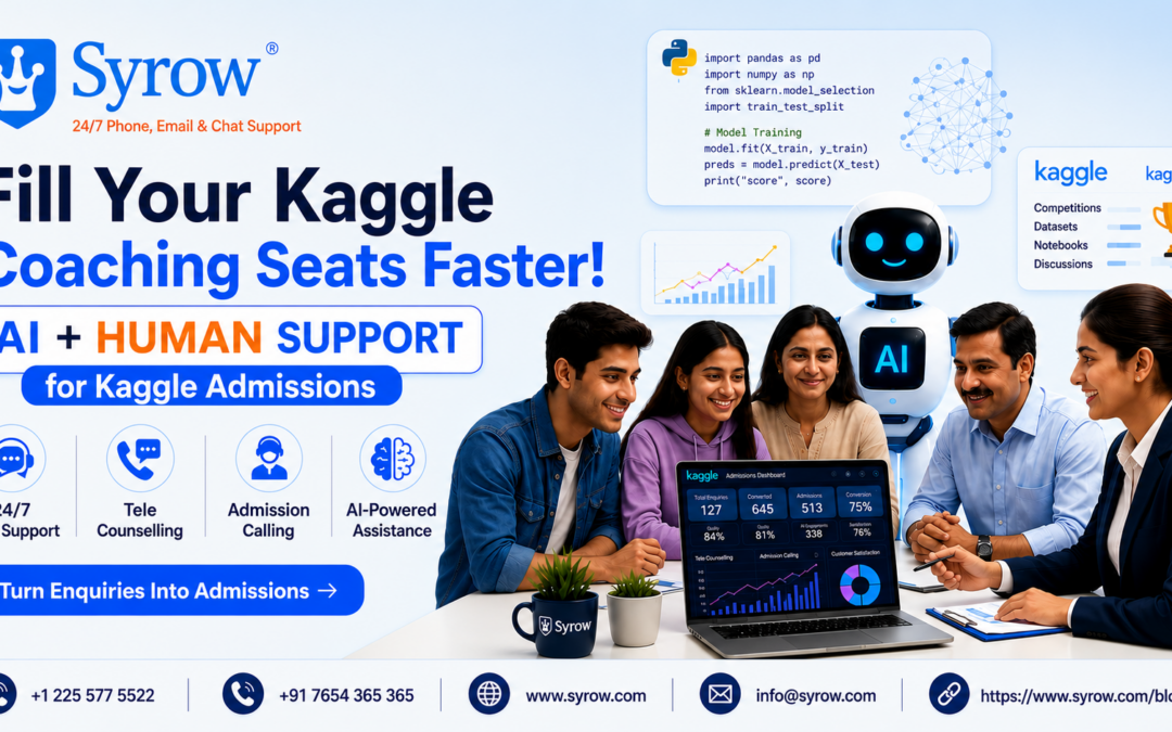 “Marketing banner for Kaggle coaching showing students collaborating with laptops and an AI assistant, promoting AI & Human Support for Kaggle Coaching Admissions, highlighting 24/7 lead support, tele counselling, admission calling, and AI-powered assistance to convert inquiries into faster admissions.”