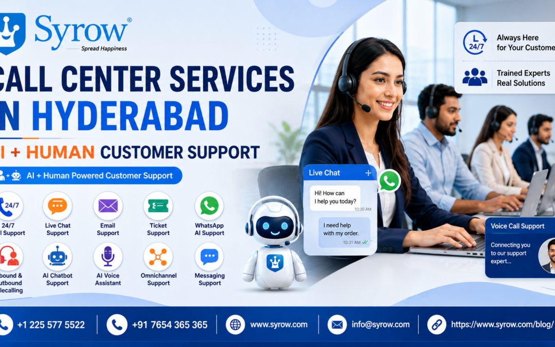 Syrow call center services in Hyderabad featuring AI + human customer support, 24/7 call support, live chat, email, ticket, WhatsApp, AI chatbot, AI voice assistant, and omnichannel support.