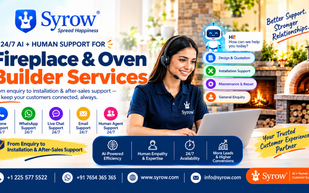 Syrow 24/7 AI + Human Customer Support for Fireplace & Oven Builder Services, providing phone, WhatsApp, live chat, email, and human agent support for enquiries, installation, maintenance, repair, and after-sales service.