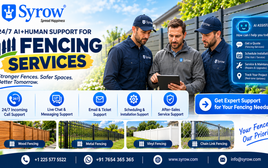 Syrow’s 24/7 AI and Human Customer Support for Fencing Services, featuring expert fencing professionals, wood, metal, vinyl, and chain-link fencing solutions, and 24/7 incoming call support, live chat, email and ticket support, installation scheduling, and after-sales service.